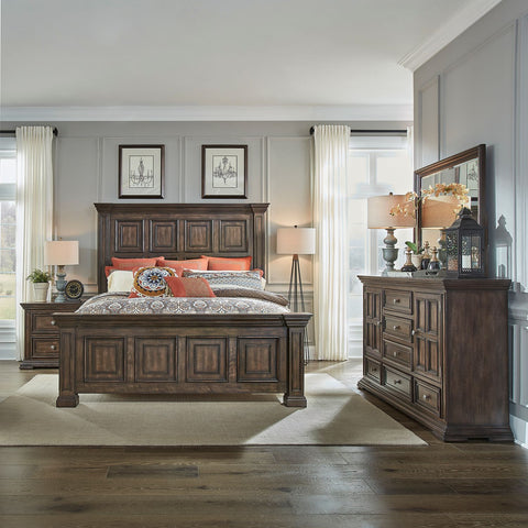 Big Valley King California Panel Bed, Dresser & Mirror, Night Stand