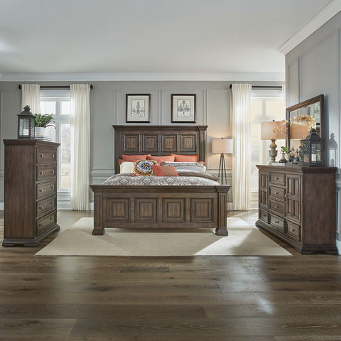 Big Valley King Panel Bed, Dresser & Mirror, Chest
