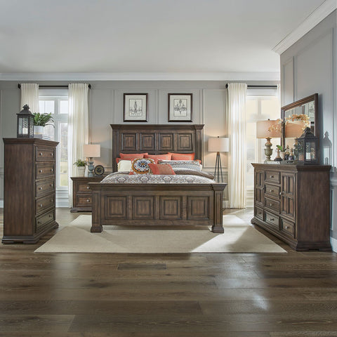 Big Valley Queen Panel Bed, Dresser & Mirror, Chest, Night Stand