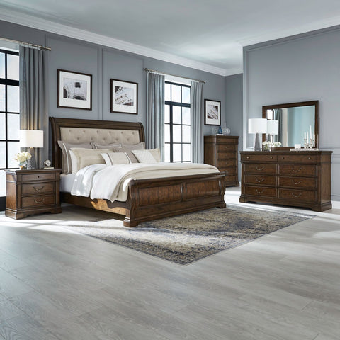 Arden Road Queen Uph Sleigh Bed, Dresser & Mirror, Chest, Night Stand