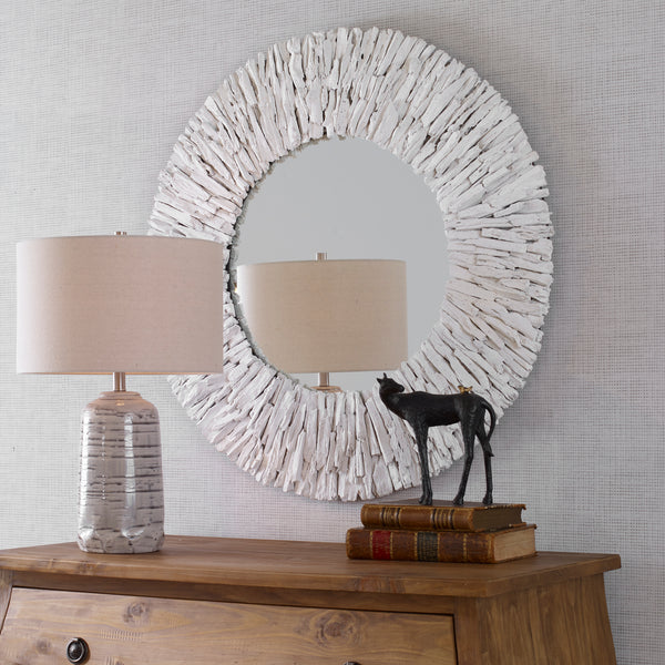 Uttermost Teak Branch White Round Mirror